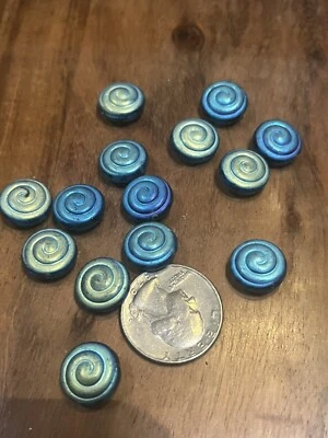 Vintage Blue Art glass Swirl Two Sided Molded Iridescent Glass beads Lot Of 12 - Image 1 of 3