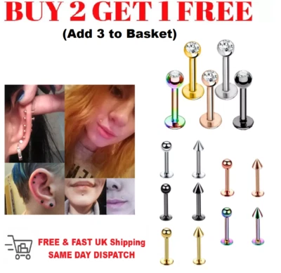 Labret Monroe Tragus Bar Helix Cartilage  Lip  Ear Stud Ring Gem Piercing Bar - Image 1 of 4