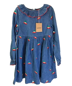 NWT Mini Boden Girls 7-8 Blue Denim Christmas Festive Car Embroidered Dress - Picture 1 of 9