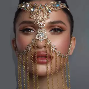 Kristall Gesicht Kette Kostüme Halloween Maske für Frauen Kopfstück Quaste Haarschmuck - Bild 1 von 8
