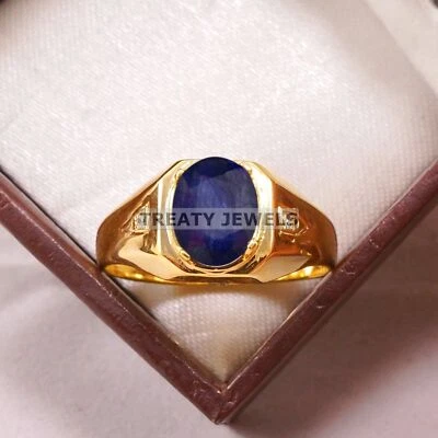 Zafiro azul corte ovalado con anillo chapado en oro de plata de ley 925 para hombre #B604 Foto 1 de 4