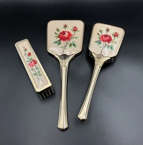 Vintage Dressing Table Vanity Brush Set With Petit Embroidered Red Roses - Picture 1 of 20