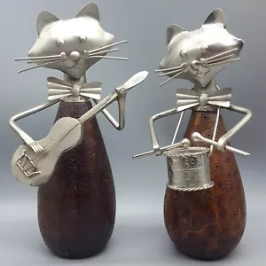 2 Cool Cat 10" Folk Art Sculptures, Wood & Metal, Music - Acoustic Guitar, Drum - Picture 1 of 8