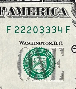 Double Triple Together Dollar Fancy Serial Number: F 22203334 F - Picture 1 of 4