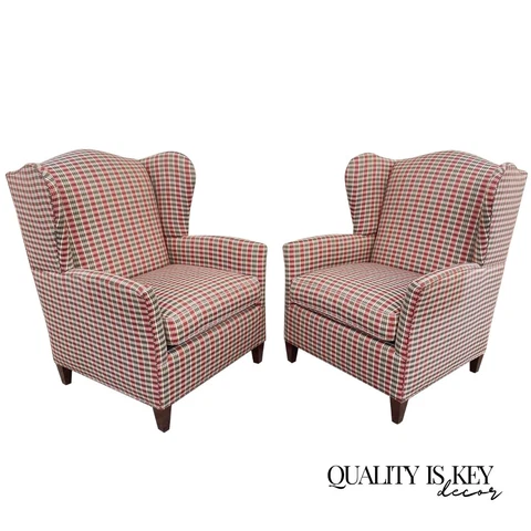 William Alan Green & Red Plaid Wingback Lounge Arm Club Chairs - a Pair Cover