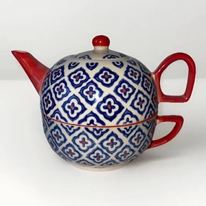 Yokohama Studio Teapot Stacking Cup & Teapot Lid  3pc Red Blue White Hd Painted - Picture 1 of 23