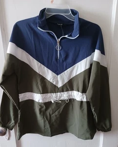 NWT Love Windbreaker Jacket Womens Sz M Colorblock Quarter Zip Olive Navy White - Picture 1 of 6