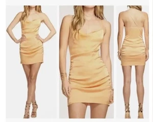 Mini abito Ramy Brook Kiki scollo a cappuccio in raso increspato pesca incrociato dietro taglia 8 - Foto 1 di 8