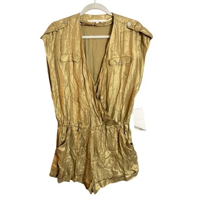 Macacão Rachel Rachel Roy dourado seda metálico franzido utilitário tamanho P novo com etiquetas - Imagem 1 de 4