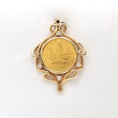 Золотая монета 5 долларов 9999 с кленовым листом 1987 14 карат с натуральным бриллиантом безель подвеска - Изображение 1 из 4