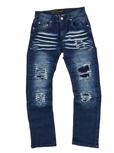 Peviani Men's Acid Dark Wash Distressed Ripped Slim Fit Denim Jeans - Picture 1 of 2