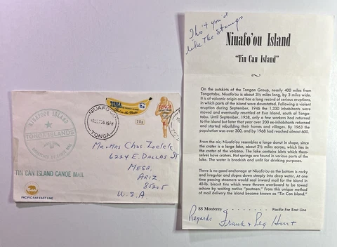 1973 Tonga Tin Can Canoe Mail Niuafoou Island Mail Enclosure SS Monterey at sea Cover