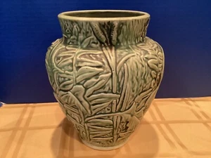 Vintage Weller Marvo 9” Vase with Leaves & Ferns - Green, Brown & Beige - Picture 1 of 11
