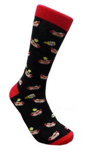 Hot Dogs & Mustard FineFit Mens Fun Novelty Socks Black Sz 10-13 Dress Fast Food - Picture 1 of 6