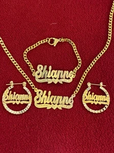 Bebé Personalizado Oro 14k Superposición Nombre Collar Pendientes Pulsera Set/Amarillo - Imagen 1 de 1