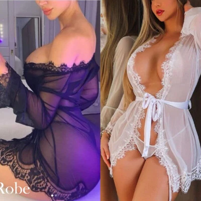 Women's Bathrobe Sexy Lingerie Lace Robe See Through Cover Night Dress Sleepwear - Image 1 of 4