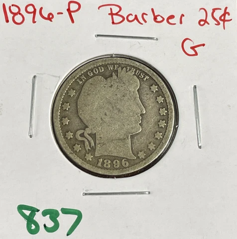 1896-P Barber Quarter 25c 90% Silver Good US Type Coin Collectable Cover