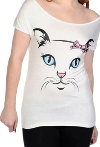 Kawaii White Cat Top Cute L UK 12-14 Paw prints - Picture 1 of 6