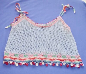 M/L 90's Pastel Crochet Vintage Summer Top Tied Straps Multicolor Cover-up Beach - Picture 1 of 8