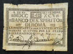 1795 VATICAN Papal State Italy rare ASSIGNAT Banknote 4 SCUDI Banco S. Spirito - Picture 1 of 1