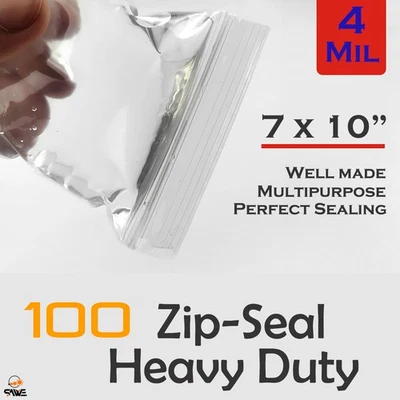 100 7 x 10" Clear Reclosable Zip Seal Bag Plastic 4 Mil Bags Jewelry Zipper - Image 1 of 4