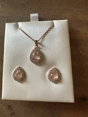 Peach CZ Teardrop Rose Gold Tone Necklace & Earring Set 16-18" Cable Chain…New - Image 1 of 2