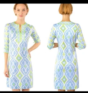 Gretchen Scott Jersey Split Neck Dress in Kitt Ikat Periwinkle Blue & Lime 14/16 - Picture 1 of 16