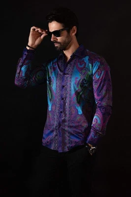 BARABAS Men's Rhinestone Floral Paisley Long Sleeve Shirts 3SPR433 - Image 1 of 4