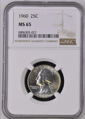 1960 Washington Quarter 25c NGC MS65 Gem BU 90% Silver Cert# 6806302-027 - Image 1 of 2