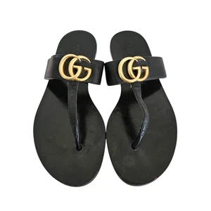 Gucci GG Marmont Thong Sandal Size 37 US 7 Black Leather Flat Flip Flop - Picture 1 of 9