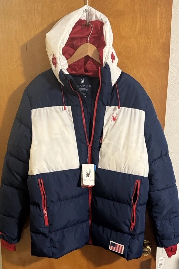 Spyder Puffer Jacket Mens Medium Zip Pocket Red White Blue - Image 1 of 4
