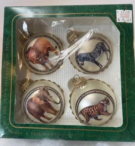 Christmas by Krebs safari christmas glass Ornaments Gold Glitter Set Of 4 VTG - Picture 1 of 11