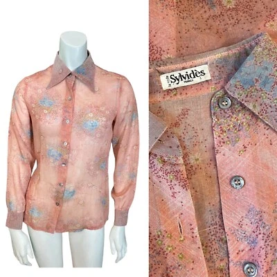 CAMISA VINTAGE AÑOS 50’S CUELLO MARIPOSA Mujer’s FRANCIA Floral Rosa Abotonada Top Foto 1 de 4