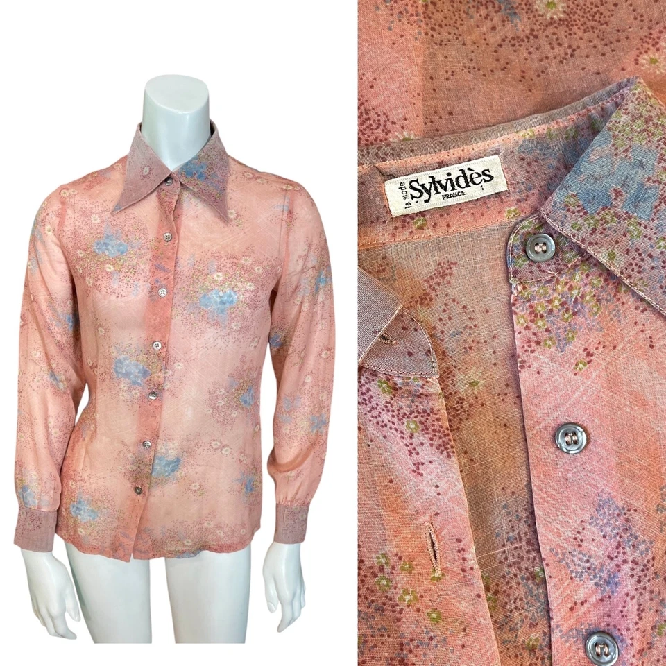 Vintage 50’s BUTTERFLY COLLAR SHIRT Women’s FRANCE Floral Pink Button Up Top - Image 1 of 4