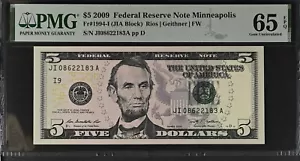 2009 $5 Federal Reserve Note Fr-1994-I Minneapolis PMG65 Gem EPQ - Picture 1 of 2