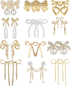 12 Pairs Crystal Rhinestone Pearl Kate Spade Bow Stud Earrings for Women Stateme - Picture 1 of 12