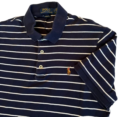 RALPH LAUREN CLASSIC FIT POLO SHIRT MENS S FLESH PONY NAVY BLUE WHITE STRIPE 38" - Image 1 of 4