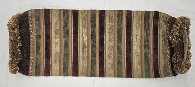 Vtg Ethan Allen Custom Made Round Striped Velvet Textured Pillow Cover W/Fringe  - Image 1 of 4