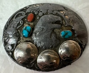 Vintage Buffalo Nickels Belt Buckle Handcrafted SSY Turquoise Coral Silver Tone - Picture 1 of 9