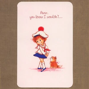 Tarjeta de saludos americanos vintage sin usar del día de San Valentín, lindo arte de gato niña marinera - Imagen 1 de 6