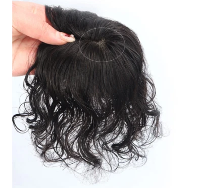 Short  Natural Curly 100% Human Hair Toupee Topper Clip In  Hairpiece Silk Base - Image 1 of 4
