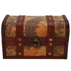 Vintage Wood Box, Pirate Keepsakes Box,Metal Lock Jewelry Treasure Chest, Mul... - Picture 1 of 8