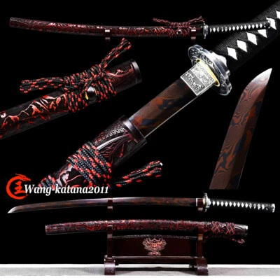 Espada Katana Samurai Japonesa Full Tang Negra y Roja Damasco Doblada Acero Afilada Foto 1 de 4