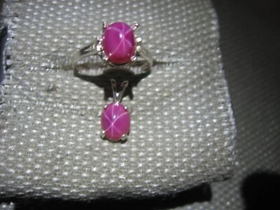 SIGNED 9X7MM BURGUNDY LINDE STAR SAPPHIRE RING/PENDANT 925 STERLING SIZE 8.5 - Image 1 of 4