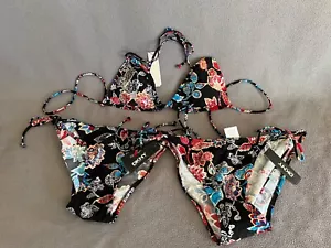 DKNY Black Tropical Sequined and Gold Trimmed 3-piece Bikini Swimsuit Set NWT - Picture 1 of 15