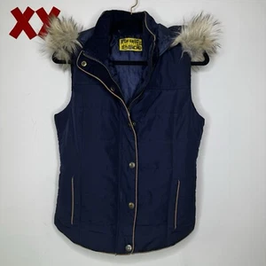 Y2K Navy Faux Fur Lined Hooded Vest Sleeveless Puffer Indie Snow Fairy McBling M - Picture 1 of 4