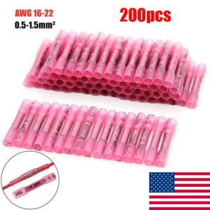 200Pcs Heat Shrink Waterproof Wire Connectors Red 22-16 AWG Butt Seal Terminals - Picture 1 of 8