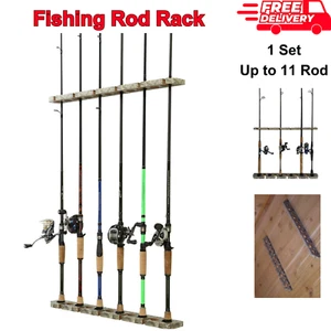 Wall Mounted Camo Finish Wood Fishing Rod Rack, Hanging Gear Storage Organizer - Picture 1 of 7