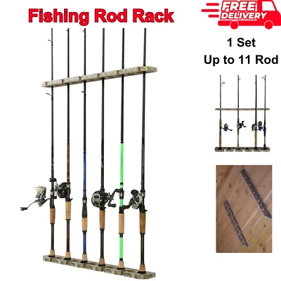 Estante de caña de pescar de madera con acabado camuflaje montado en la pared, organizador de almacenamiento de equipo colgante Foto 1 de 4