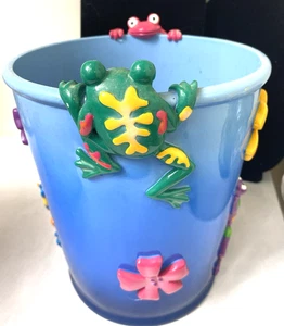 Vintage Jennifer Clark blue 3D Frog  and flowers Trash Can - Picture 1 of 8
